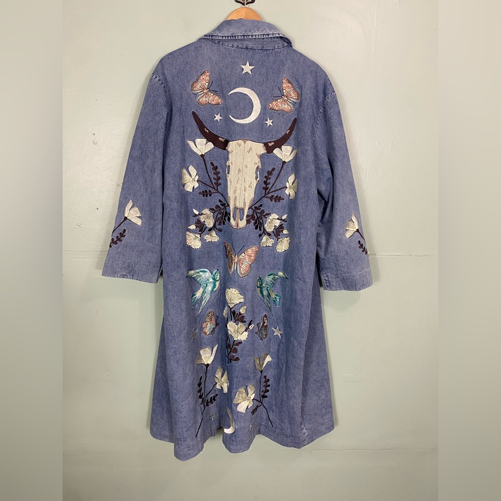 Free People Denim & Bone Buffalo Denim Duster Butterfly Floral Embroidered Sz‎ L - Picture 7 of 10